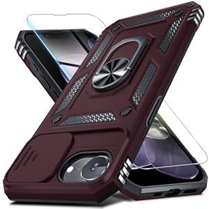 Janmitta for iPhone 16e Case Built in Slide Camera Lens Cover+Screen Protector, Heavy Duty Shockproof Full Body Phone Cover with Finger Ring Holder Kickstand, 2025 Wine Red