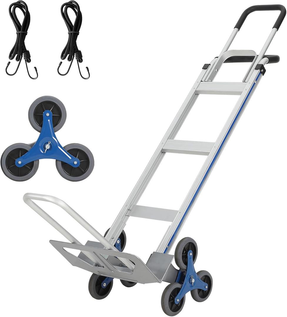 Aluminum Stair Climbing Cart,600 LBS with Extendable Base Plate, | Dual Handles,2 in 1 Heavy-Duty Aluminum Hand Truck ,6 Wheels & 2 Elastic Ropes for Warehouse Shopping