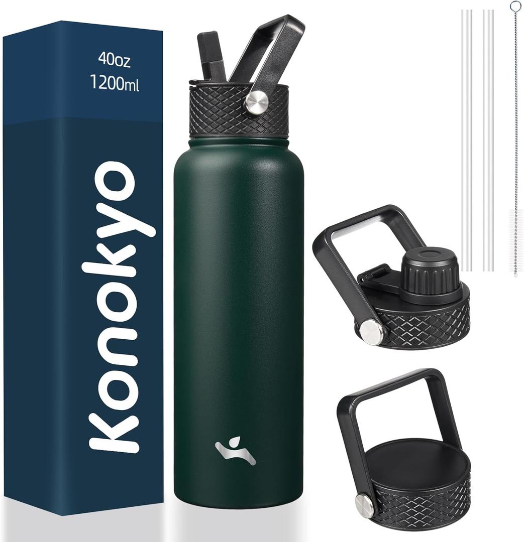 Konokyo 40oz Insulated Water Bottle Stainless Steel Sport Bottles with 3 Lids,Army Green