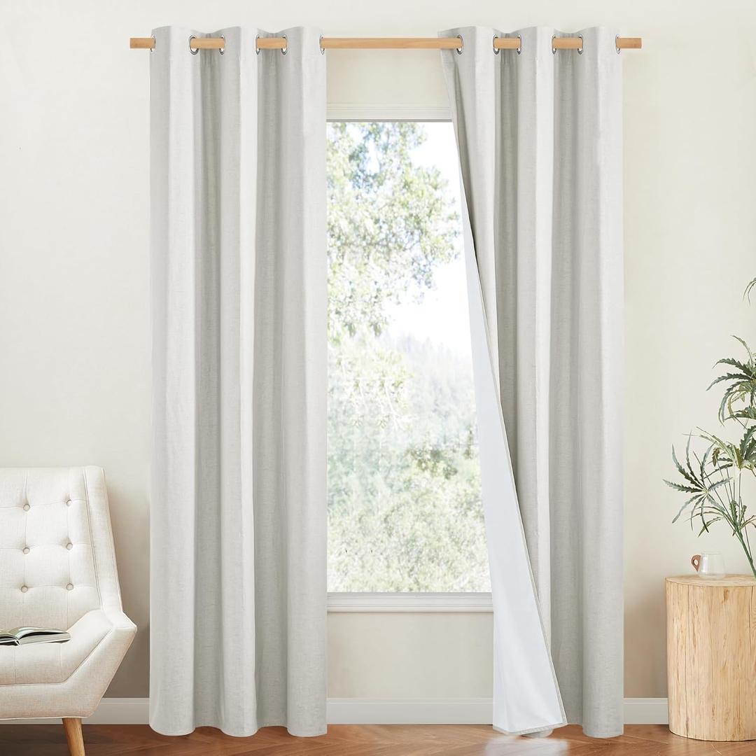 NICETOWN 100% Blackout Linen Texture Curtains 90 inches Long, Ivory, 2 Pcs, Thermal Insulated Full Blackout 2-Layer Lined Drapes, Energy Efficiency Window Draperies for Boy's Room