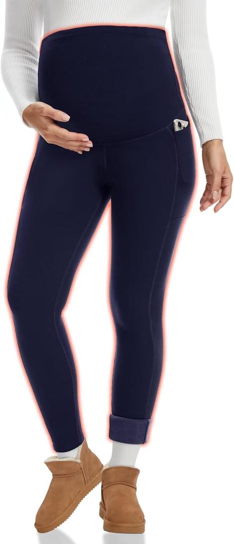Happy.angel Women's Maternity Fleece Lined Leggings with Pockets Thick Thermal Pregnancy Yoga Pants Warm Winter Plus Size, Navy, M
