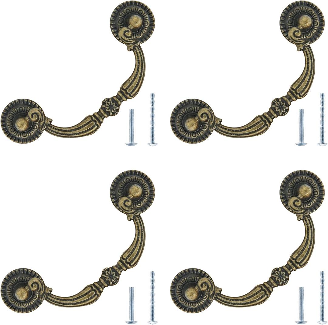 4Pcs 3 Inch Hole Center Vintage Drop Bail Drawer Pull Handles, Antique Bronze Cabinet Pulls with Screws for Furniture, Kitchen, Wardrobe, Cupboard