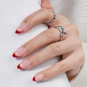 Red French Tip Press On Nails Short Almond, Glossy Reusable Press On Nails for Women, 32 Count 16 Sizes Nail Kit with Glue (SV-12)