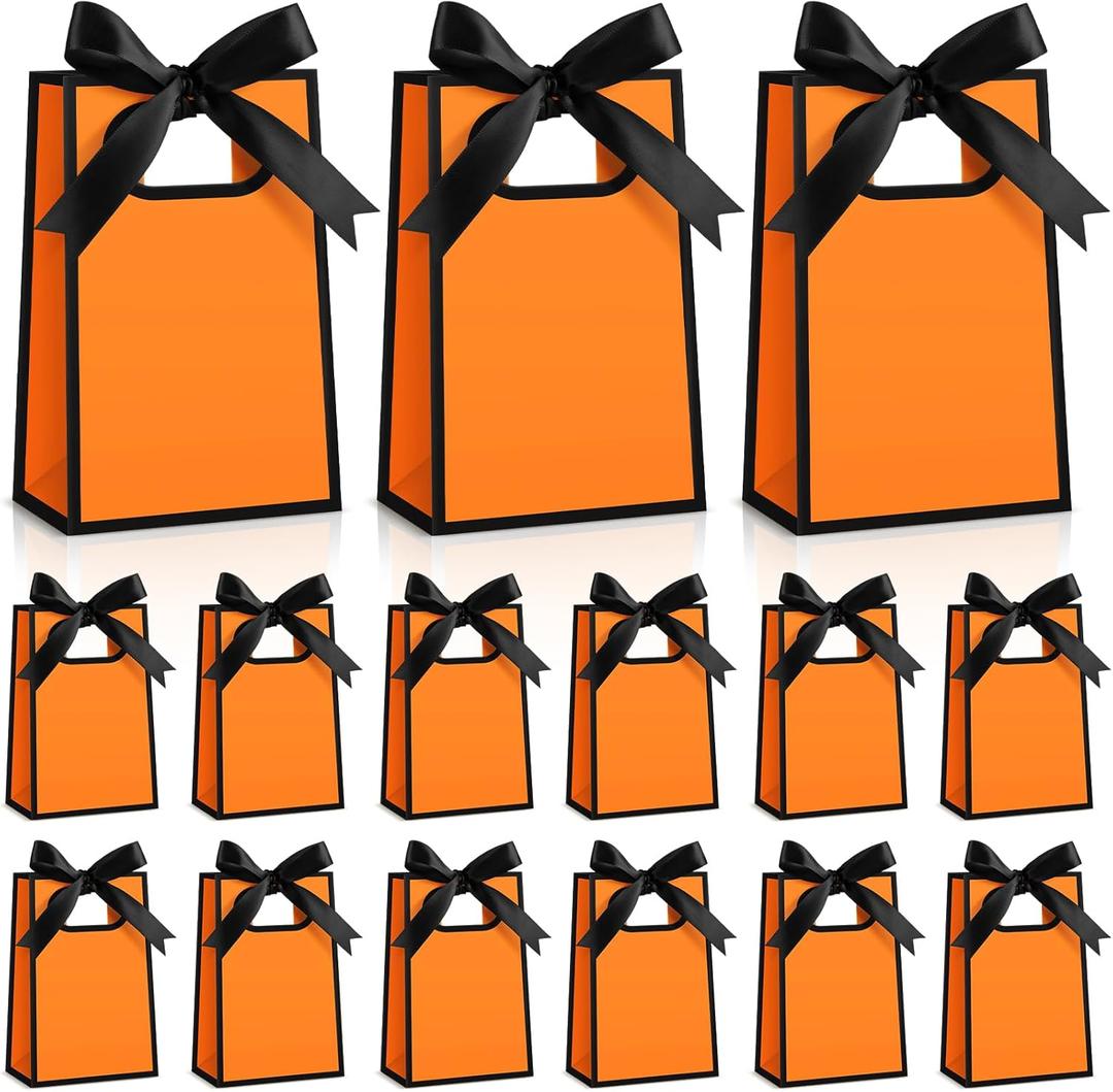 Kolldenn 24 Pcs Small Gift Bags with Bow 6.3 x 3.9 x 2.8 Inch Thank You Gift Bags Elegant Mini Paper Bag with Handles for Wedding Bridal Birthday Baby Shower Bridesmaid Party Favors(Orange Black)
