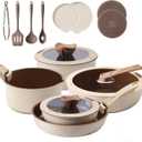 17-Piece RV Pots and Pans Set with Detachable Handle for Camper | Stackable RV Cookware, Induction & Oven Safe, Nonstick Ceramic Brown Interior, Dishwasher Friendly, PFOS & PFOA Free