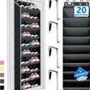 Over the Door Shoe Organizer, 20 to 30 Pairs Hanging Shoe Holder, Heavy Duty Extra Deep Pockets Shoe Storage for Closet, Anti-Scratch Hooks & FSC-Certified Bamboo - Black/Grey