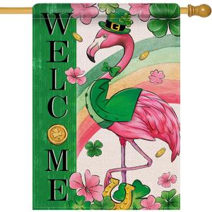 Artofy Welcome St. Patrick's Day Flamingo Bird Large Decorative House Flag, Rainbow Lucky Shamrock Clover Yard Garden Outside Decor, Spring Irish Gold Coin Outdoor Home Decoration Double Sided 28 x 40