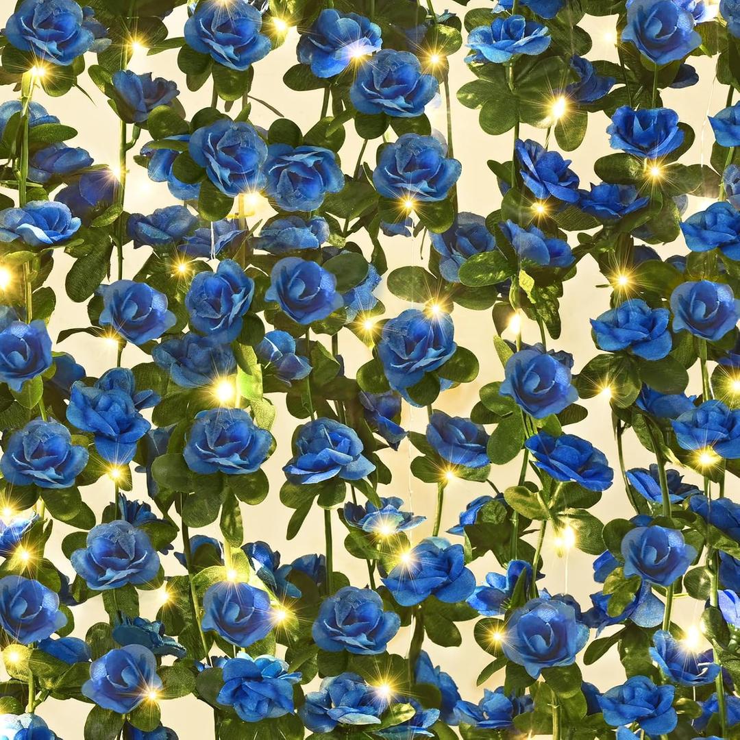 BLEUM CADE 5Pcs 41Ft Flower Garland Artificial Rose Vines with 32.8Ft String Lights, Cute Fake Hanging Flower Vines Floral Garland Decorations for Wedding Party Wall Room Decor Aesthetic
