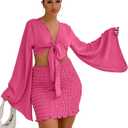 LYANER Women's 2 Piece Outfits Tie Knot Front Bell Long Sleeve Crop Top and Mini Skirt Set (Large, Rose)