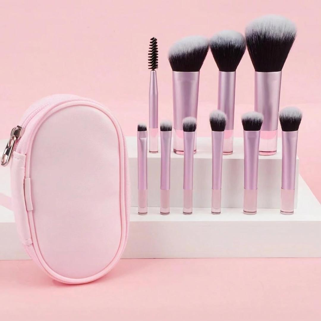 10pcs mini Makeup Brush Set Soft Synthetic Bristles For Foundation, Blush Eyeshadow Blending, Hypoallergenic For All Skin Types (Pink)