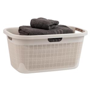 Mind Reader 40L Laundry Basket, Linen Design Clothes Hamper, Plastic Storage Bin with Handles, Ivory