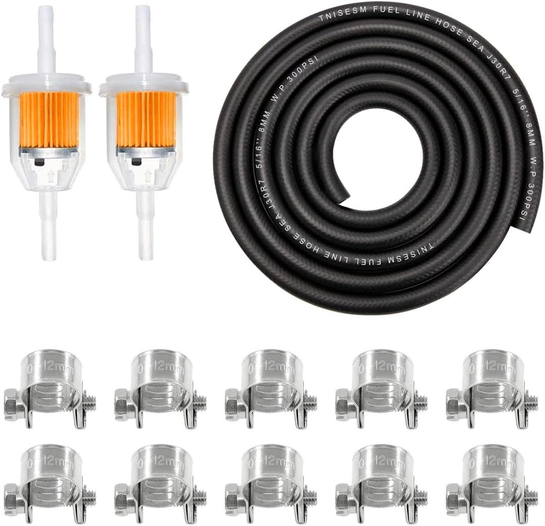 Tnisesm 5/16"(8MM) Inch ID Fuel Line kits, 2 Meter / 6-Foot Fuel Line + 2Pcs 1/4 Inch X 5/16 Inch Gas Inline Fuel Filters with Magnet +10 Pcs 15/32''-9/16'' Mini Fuel Hose Clamps Adjustable