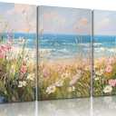 Coastal Wildflowers Wall Art Blue Ocean Landscape Wall Decor Flower Seascape Summer Painting Picture Beach Daisy Floral Poster Prints Artwork for Living Room Bedroom Home Decoratio Unframed (24L"x16W", Canvas)