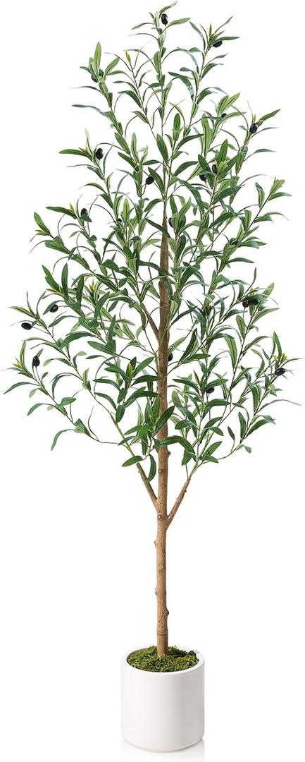 LOMANTO Artificial Olive Tree 5FT - Lifelike Faux Plants Indoor,Modern Fake Trees with Silk Leaves & White Planter, Fake Olive Plant for Home Decor, Office Decor, Living Room, Housewarming