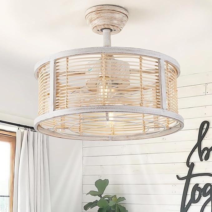 hummingbird Ceiling Fan with Light and Remote, 20'' Fandelier Ceiling Fan with Light, Boho Caged Ceilings Fan with Lights Flush Mount for Bedroom, Living Room, Dining Room