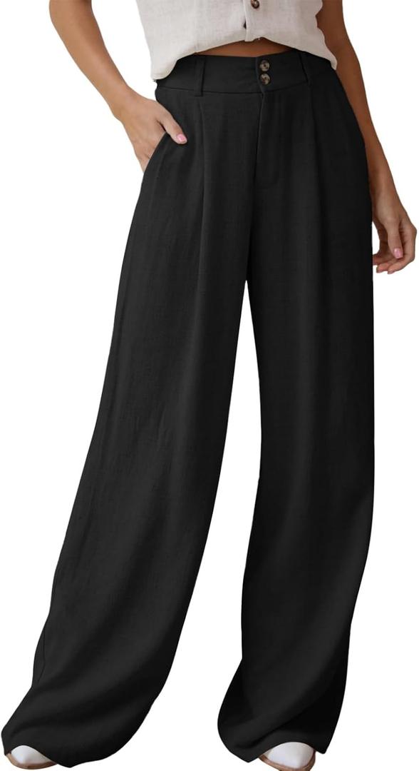 Dokotoo Womens Linen Pants Casual Loose Wide Leg Pants for Women Elastic Waist Palazzo Pants Trousers with Pockets (XX-Large, Black)