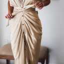 Women Elegant Satin Button Down Short Sleeve Maxi Shirt Dress with Belt (Beige)