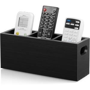 DRASTAR TV Remote Holder, Wall Remote Control Holder, 3 Slots Remote Caddy Wall Mount, Wooden TV Remote Wall Holder, Wall Pen Holder, Black