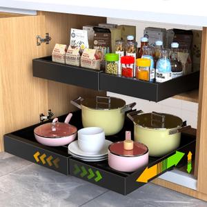 2 Pack Pull Out Cabinet Organizer,21" Deep Slide Out Drawer Organizers,No Drill Pull Out Drawers Adhesive with Nano Compatible Framed Cabinets Shelves for Kitchen Pantry Adjustable Width (21"D x12.4"-20.47"W (2 Pack), Black)