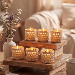 6 Pack Wicker Rattan Woven Tea Light Candle Holder Kit Rustic Handcraft Rattan Woven Candle Holder with Glass Cup Vintage Tealight Farmhouse Votive Candlestick Decor for Dining Wedding