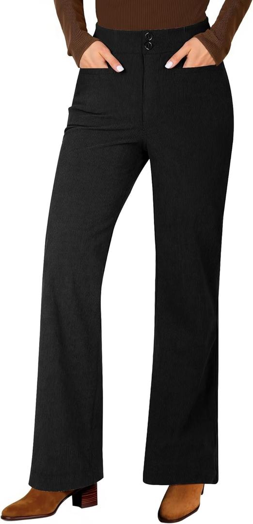 GRAPENT Corduroy Wide Leg Pants Woman High Waisted Trendy Fall Work Casual Elastic Waist Duo Button Welt Pocket Trousers (Large, Black)