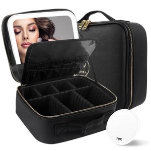 MOMIRA Travel Makeup Bag Cosmetic Bag with Lighted Mirror, Adjustable Brightness in 3 Color Scenarios, Waterproof, 10x Magnifying Mirror, Rotatable Independent Light Mirror- Black(Solid)