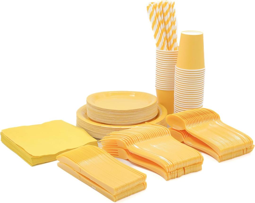 DX DENGXUAN 400-Piece Yellow Party Set,Disposable Paper Plates Cups Plastic Spoons and Fork Knives Blue Napkin,Suitable for 50 Guests,Disposable Party Tableware Set,Wedding Birthday Party