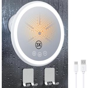 Gospire 3X Magnifying Heated Shower Mirror Fogless for Shaving, 5000mAh Battery, 360 Swivel & Magnetic Design, 8.3 Anti-Fog Shower Shaving Mirror with 3 Color Lights, Includes 2PCS Adhesive Hooks (White)
