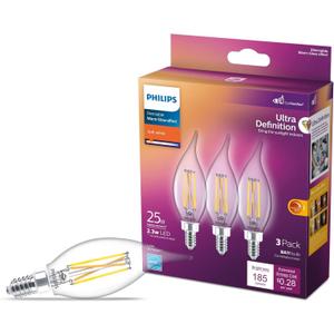 25W BA11 E12 Base 3-Pack Ultra Definition Soft White (2700K) 185 Lumen (2.3W = 25W) Dimmable Clear Flicker-Free Candelabra Light Bulbs
