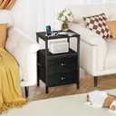 Furologee Nightstands Set of 2, End Tables with Charging Station and LED Lights, Black Night Stands with 2 Fabric Drawers, Bedside Tables Set of 2 for Living Room/Bedroom,Black Oak