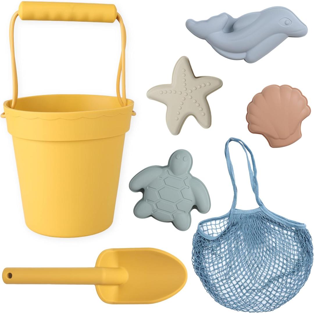 BLUE GINKGO Silicone Beach Toys - Modern Baby | Travel Friendly Toys Set | Silicone Bucket, Shovel, 4 Sand Molds, Beach Bag | Sand Toys for Toddlers, Kids - Yellow