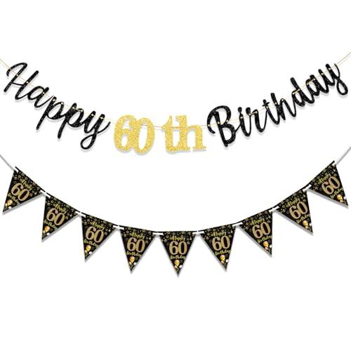 MAGLAUG 60th Birthday Decorations Banner Men Women, Black Gold Happy 60thBirthday Banners for Men Women (Birthday 60th)