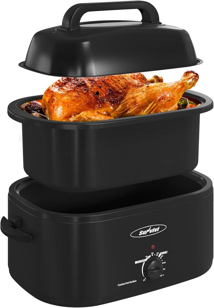 Sunvivi 22 Quart Electric Roaster Oven Turkey Roaster with Lid Electric Roasters with Removable Pan Large Roaster,Visible & Self-basting Lid, Fast Heating & Thaw/warming Setting,Black