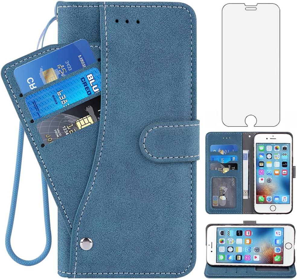 Asuwish Compatible with iPhone 6 6s Wallet Case Tempered Glass Screen Protector Flip Card Holder Stand Cell Phone Cover for iPhone6 Six i6 S iPhone6s iPhine6s iPhones6s i Phone6s Phone6 6a S6 Blue