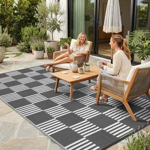 Garvee Waterproof Outdoor Rug 10x14, Checkered Foldable Plastic Straw Patio Camping Rug, Outdoor RV Carpet for Deck Camper Porch Balcony Backyard Picnic Beach Gray and White