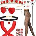 Remuuly 9 Pcs Queen Halloween Costume Accessories Crown Red Heart Sunglasses Black Choker Tattoo Stickers Earrings Long Satin Gloves High Waist Fishnet Tights Gem Scepter for Women