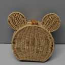 Round Rattan Straw Bag Purse for Women Handmade Cute Mouse Ear Wicker Woven Purse Crossbody Shoulder Bag Handbag (Khaki)