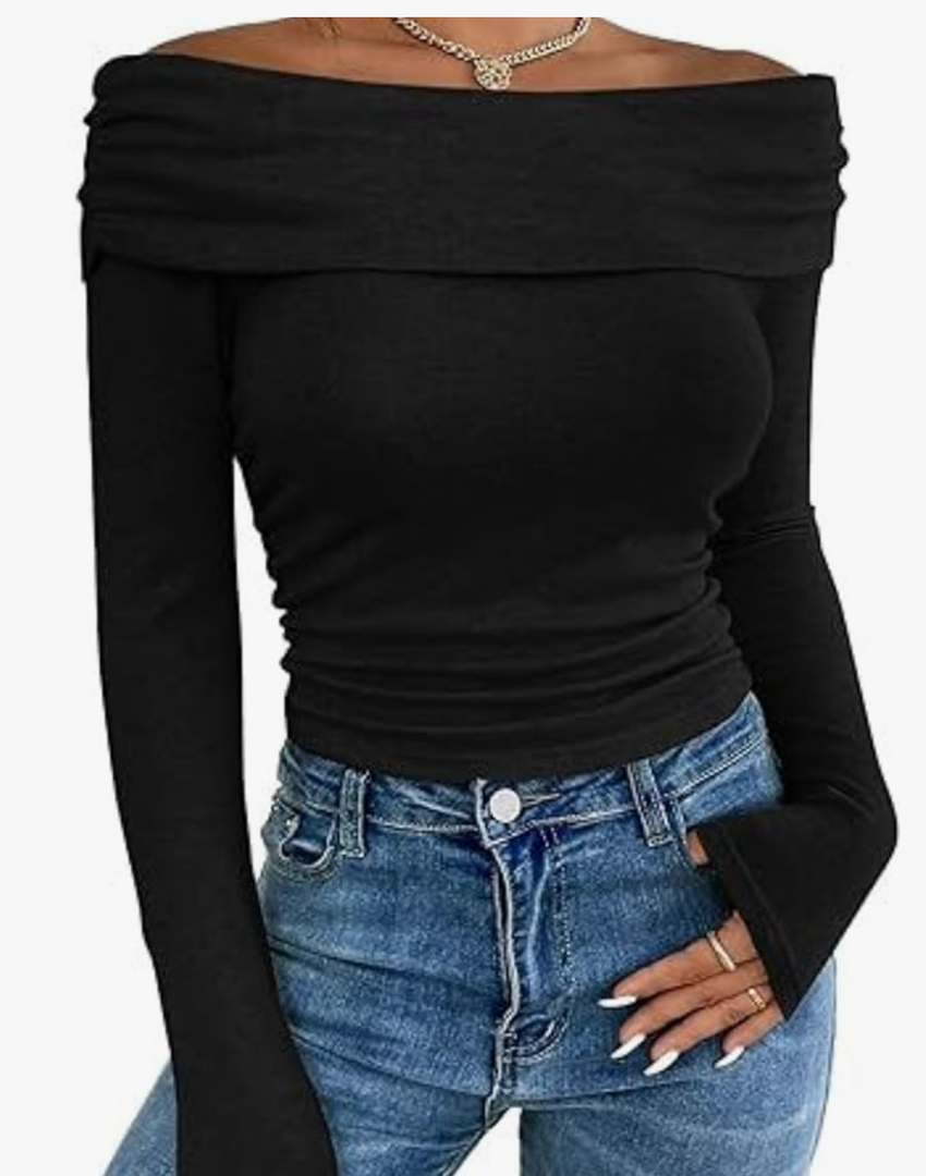 Women's Off The Shoulder Tops Casual Long Sleeve Slim Fitted Stretchy Top Blouse Going Out Nightout Shirt, Size L