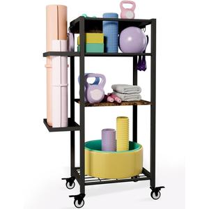 Yoga Mat Storage Rack with Wheels, 3 Tier Home Gym Workout Equipment Organizer for Dumbbells, Kettlebells, Foam Rollers (Black)