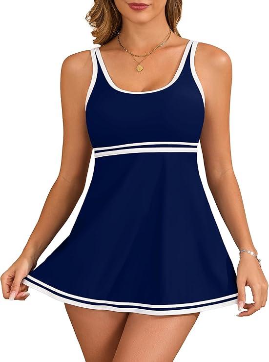 Women's Tankini Sets Tummy Control Swimsuits Color Block Swimdress 2025 Two Piece Bathing Suits,L