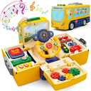 HONGTUO School Bus Toy with Sound and Light Simulation Steering Wheel Driving Toy Toddlers School Bus Toys with Music Education Knowledge Simulate School Scenes Gift for 3-5 Boys & Girls