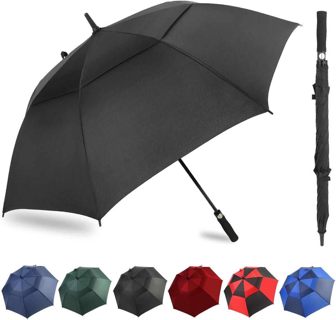 Automatic Open Extra Large Golf Umbrella Windproof Heavy Duty Large Umbrellas for Rain, Oversize Double Canopy Vented Stick Umbrellas for Golf and Outdoor Sports (68 Inch, Black)