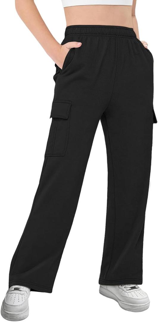 Girls Kids Cargo Sweatpants Wide Straight Leg Jogger Pants 5-14 Years (Black)
