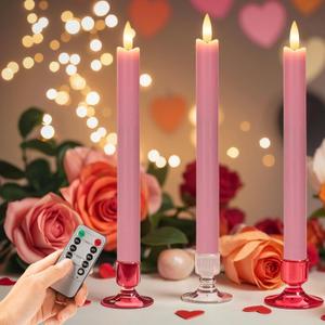 Pink Flameless Taper Candles with Remote, Real Wax Battery Operated LED Candles with 3D Flickering Flame, 9.6" Realistic Dripless Candlesticks for Valentine's Day Decor, Proposal Wedding, 3 Pack