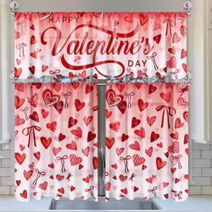 Breling 3 Pcs Valentine's Day Kitchen Curtains Valances and Tiers Set for Window Heart Bow Knots Romantic Decor Short Curtain Set for Bedroom Window Treatment Decor Party Favor Supplies