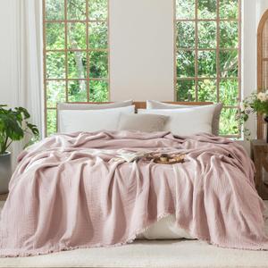 MooMee Muslin Blanket - 100% Cotton 4-Layer Gauze Throw Blanket with All-Around Fringe, Soft Breathable Lightweight Cooling Summer Blankets for Bed Couch(Greyish Pink,King 104" x 90")