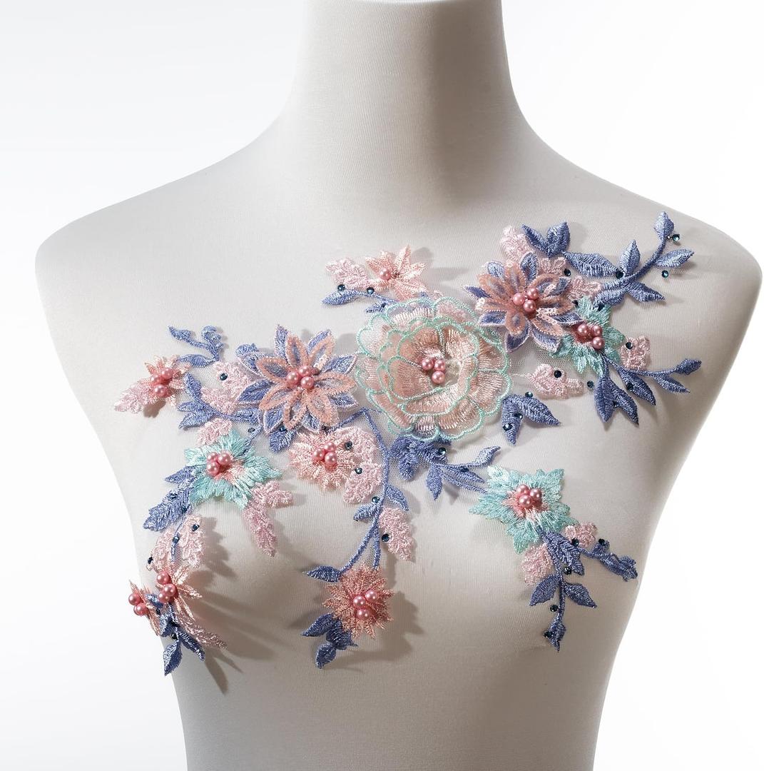 3D Embroidered Flower Fabric Beaded Pearl Lace Applique, Handmade Sewing Tool for DIY Wedding Bridal Dress Floral Costume Patch Decor(Blue)