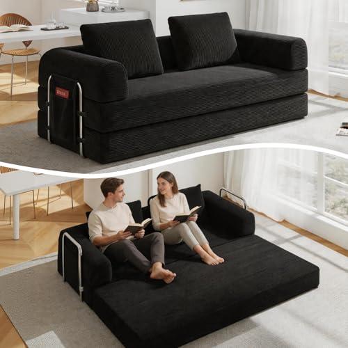 Nivayor 78" Convertible Sofa Bed, Corduroy Futon Couch with Storage Pocket, Boneless Pull Out Sleeper Sofa, Foldable Couch for Living Room Bedroom, No Assembly Space Saver, Black