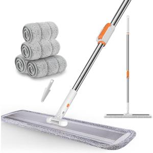 Flat Mop for Cleaning Floors Heavy Duty Microfiber Wet Mop Deep Cleaning for Hardwood, Tile & Laminate, Includes 4 Reusable Washable Pads and Adjustable Long Handle (32 in Mop Set)