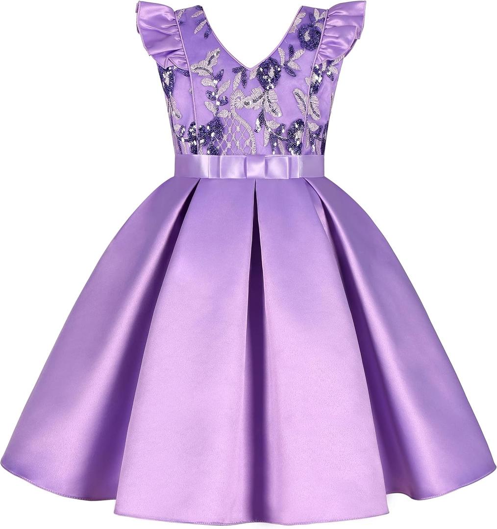 Knee-Length Girls Dress Sloping Shoulder Bridesmaid Wedding Princess Children's Bow Birthday Ball Party (7-8 Years, Lavender 1)